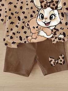 SHEIN 2pcs/Set Cute Rabbit & Leopard Print Top And Tight Shorts Set, Casual Loose Round Neck Short Sleeve T-Shirt And Leggings Outfit For Baby Girls, Suitable For Spring/Summer Daily Wear, Travel, Matching, Home, Vacation, Outdoor, Farm, Chill - Multicolor - View 5