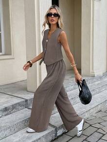 Serisse 女士金属单排扣马甲和裤子休闲两件套 - 棕色 - 查看 3