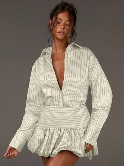 Athîral Casual Sets For Women,Fall Outfits For Women,White Bubble Skirt And Blouses,White Stripes Fabic,White Set,Clothes For New Year,Formal Set, Shirt And Skirt Set,Co Ords Sets Women,Shirt And Skirt Set