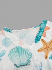 PopScrub Women's Healthcare V-Neck Short Sleeve Nurse Uniform Top,Cute Marine Life Turtle Starfish Shell Print,Functional Multi-Pocket Lab Work Wear,Casual - White - View 4