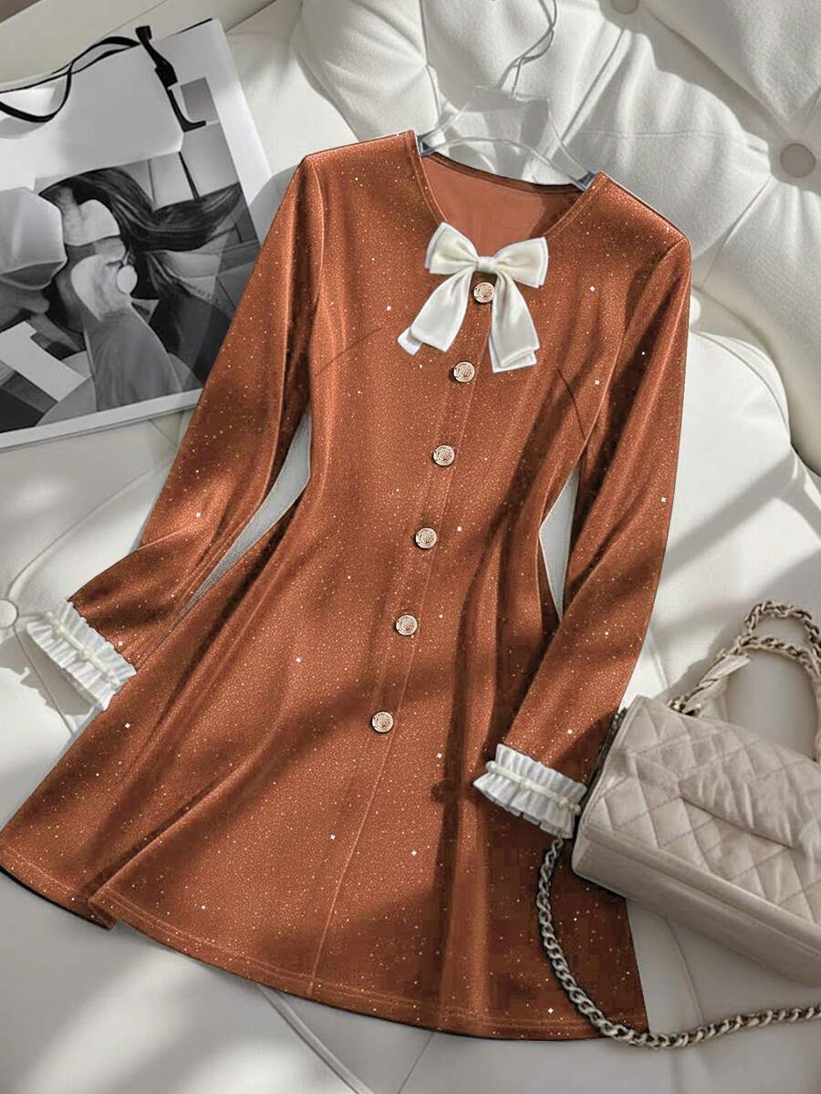 Lyxana Gaun Wanita Elegan dari Beludru dengan Payet, Blok Warna, Hiasan Pita dan Rumbai, Pas di Pinggang, Musim Gugur - Burnt Orange - View 1