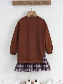 THE POWERPUFF GIRLS X SHEIN Young Girl Cute Cartoon Pattern Plaid Patchwork Dress, Autumn - Coffee - View 2