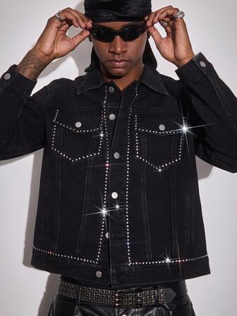 Men's Long Sleeve Single-Breasted Rhinestone Embellished Black Denim Jacket