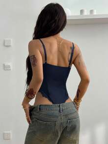 Coolane Body de renda preto justo e sexy para festivais de verão e baladas, estilo anos 2000. - Azul Real - Ver 2