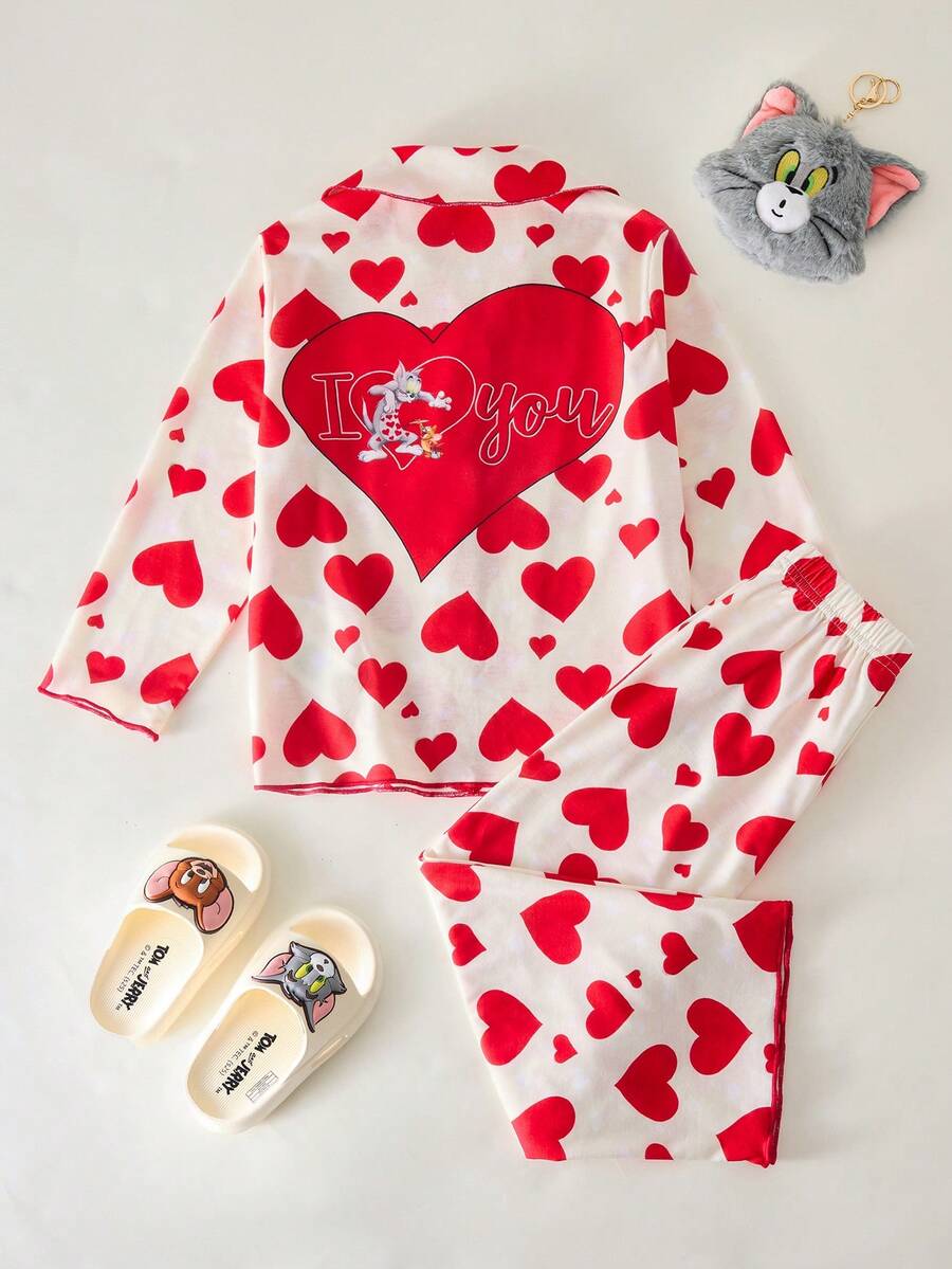 TOM & JERRY X SHEIN 2pcs/Set Young Girl Cute Casual Heart Print Lapel Collar Long Sleeve Top And Pants Pajama Set - Multicolor - View 1
