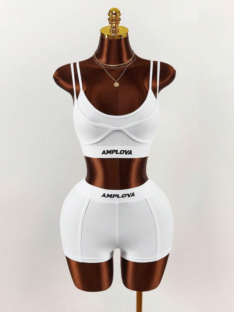 Amplova 女款夏季休閒字母印花短版背心與短褲兩件套,黑白配色,牛仔風,健身單車短褲短版上衣,度假海灘穿搭 - 黑與白 - 查看 1
