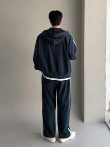 DAZY Men's Contrast Color Drawstring Hoodie Set, Blue & White, Autumn - Blue - View 2
