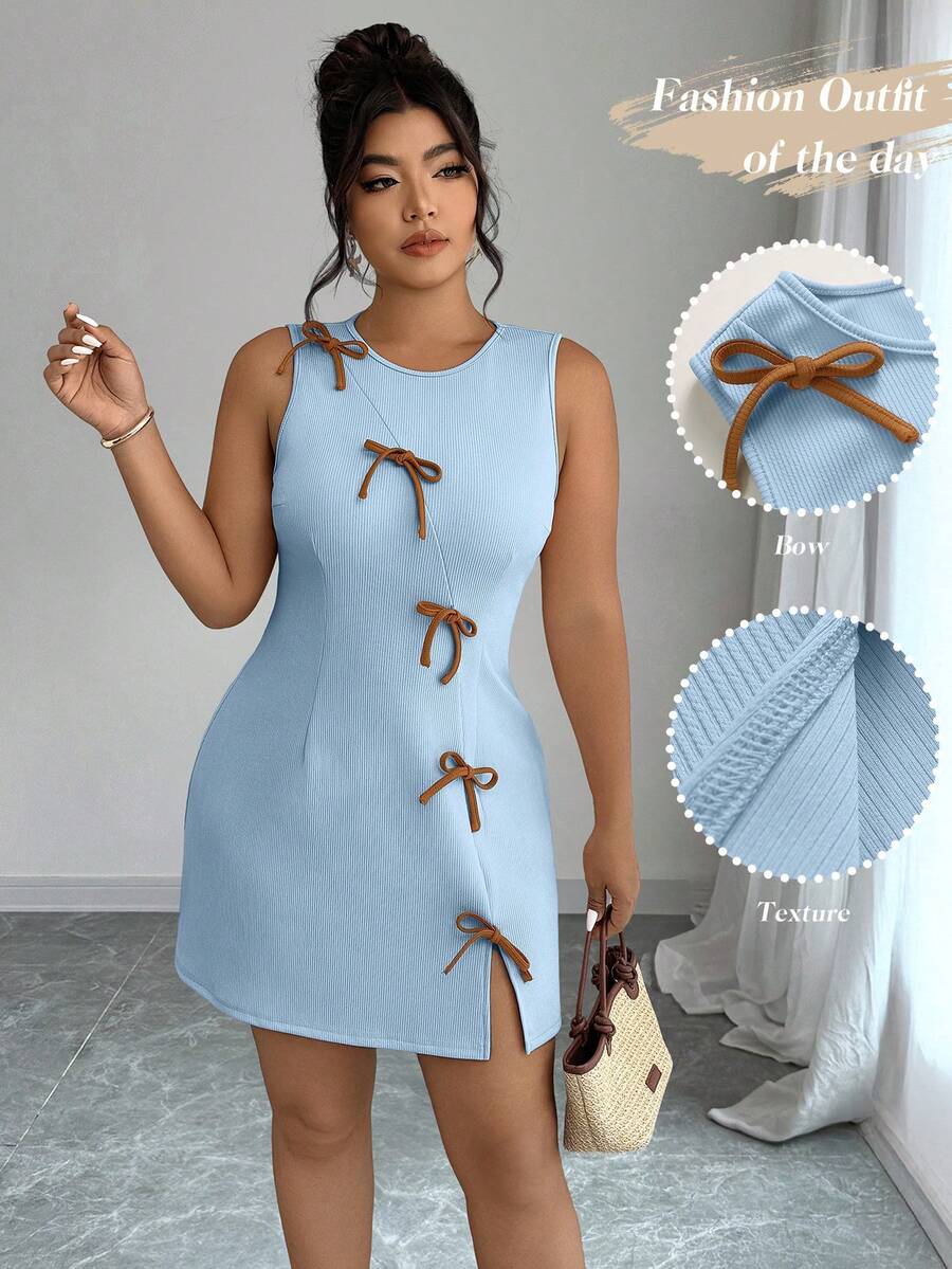 Elenzga 大码女式休闲无袖连衣裙，带蝴蝶结装饰，圆领 - 藍色 - 查看 1