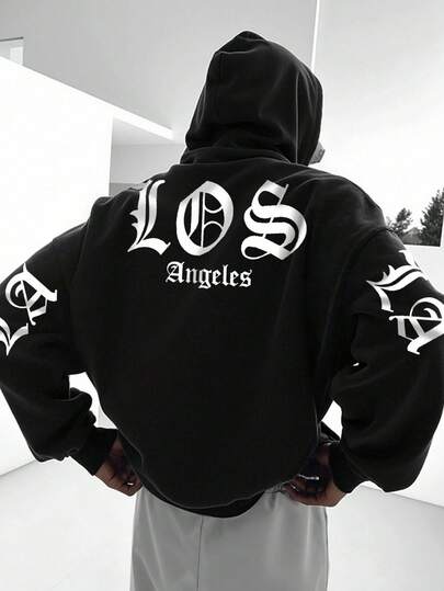 Manfinity EMRG Men's Casual Fashion Street Letter Print Drop Shoulder Loose Drawstring Hooded Fleece Lined Warm Sweatshirt, Autumn/Winter