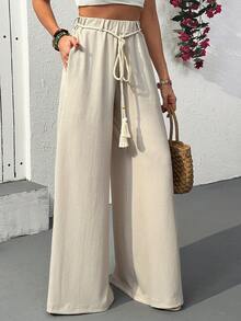 Cloudara Rope Detailed Wide Leg Pants Fake Linen - White - View 5