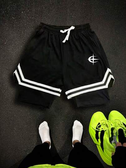 Sport MetroGents Men's Summer Casual Fashionable Street Star & Moon Print Contrast Striped Trim Drawstring Waist 2 In 1 Sports Shorts