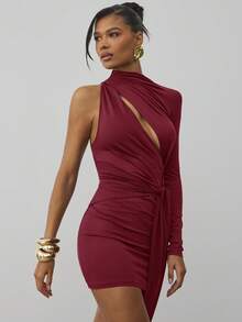 Hauture 低调端庄性感休闲高领不对称单肩镂空腰带迷你连衣裙 - 酒紅色 - 查看 5