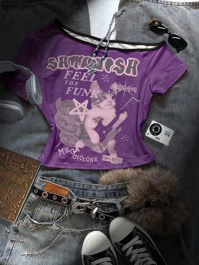 Glimmora Y2K Cropped Off-Shoulder Top With Printed Rock Guitar & Cat Design, Suitable For Music Festivals And Everyday Wear