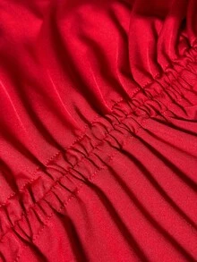 Xyvia Women's Red V-Neck Drawstring Shoulder Sleeve Ruched Waist Asymmetric Hem Elegant Formal Dress, Suitable For Birthday, Date, Party, Formal Occasions, Garden Photoshoot, Valentine's Day, Easter, Labor Day, Travel, Spring/Summer - Red - View 4