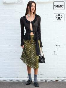 COUREZ Top de punto transparente con volantes / Top lindo de estilo Y2K para salir, top elegante de primavera para festivales - Negro - Ver 1