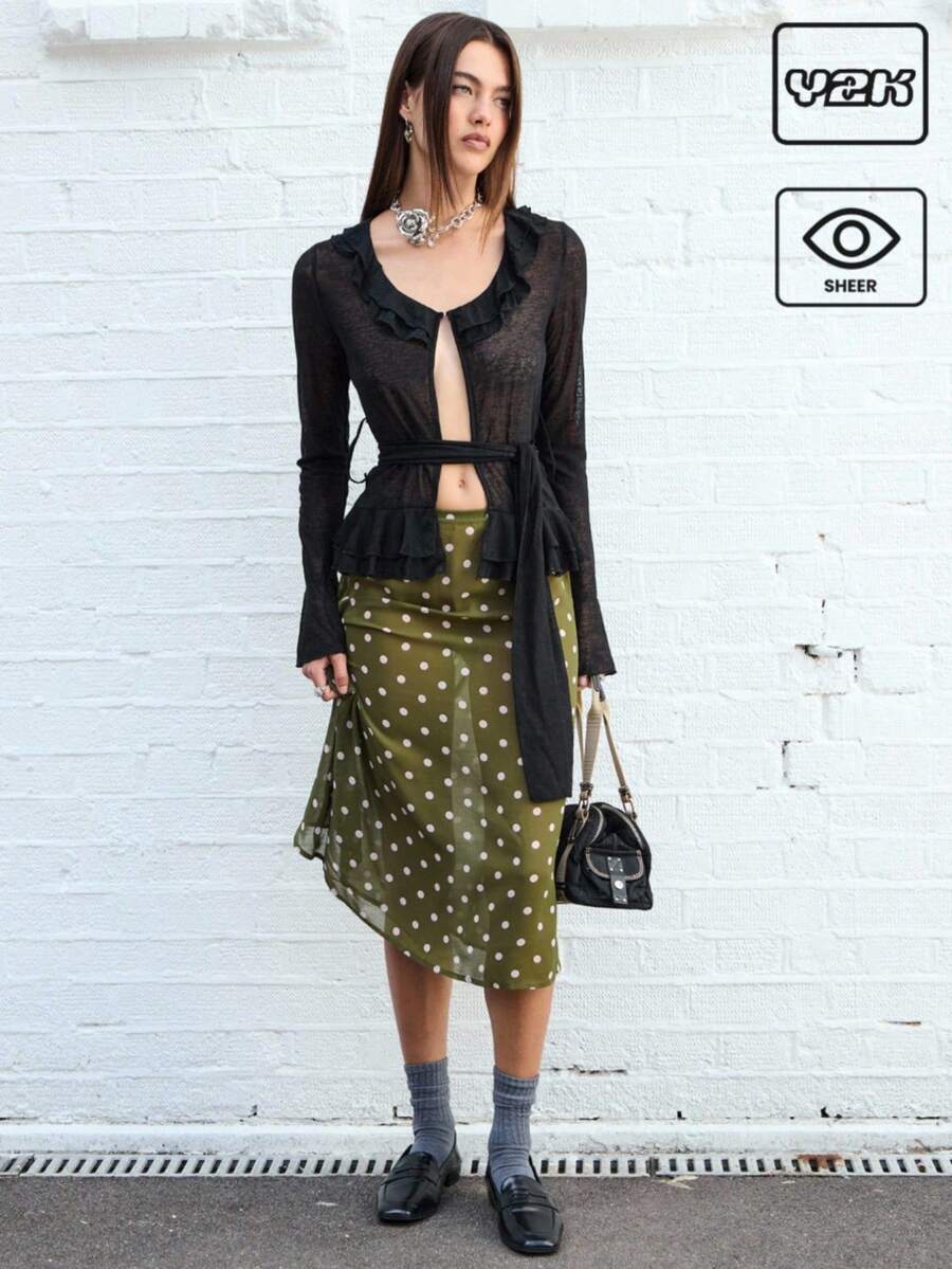 COUREZ Sheer Knitted Ruffle Top /Y2K Cute Tops Going Out Top Spring Chic Top Festivals - Black - View 1