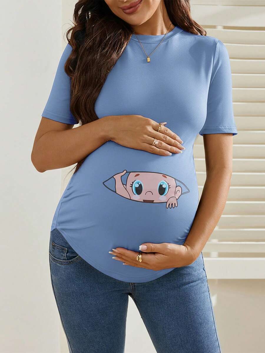 SHEIN Maternity Cartoon Print Round Neck Casual Short Sleeve T-Shirt - Blue - View 1