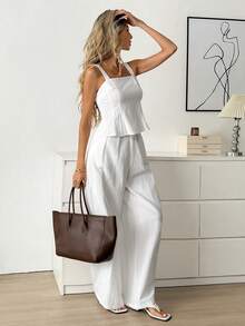 Easowa 女士纯色吊带背心和阔腿裤休闲两件套情人节服装纯白色背心连衣裙休闲宽松复古风服装白色亚麻裤套装奶油色两件套亚麻两件套套装夏季棉质两件套春季服装，休闲服饰 - 白色 - 查看 4
