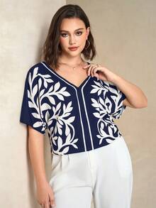 Chikora Plus Size Elegant Floral Print V-Neck Short Sleeve Shirt, Summer, Summer Tops - Navy Blue - View 6