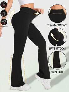 Mallas acampanadas de talle alto para mujer, mallas acampanadas que levantan el trasero, mallas sin costuras de pierna ancha y estilizada, pantalones de yoga con bota acampanada de unicolor, pantalones deportivos negros que adelgazan el abdomen, mallas casuales, pantalones deportivos - Negro - Ver 1