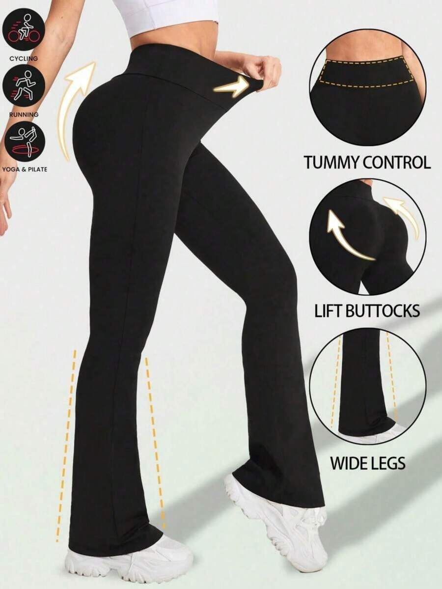 Mallas acampanadas de talle alto para mujer, mallas acampanadas que levantan el trasero, mallas sin costuras de pierna ancha y estilizada, pantalones de yoga con bota acampanada de unicolor, pantalones deportivos negros que adelgazan el abdomen, mallas casuales, pantalones deportivos - Negro - Ver 1