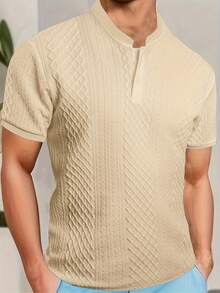 Camiseta informal de cuello henley para hombre, camiseta lisa de punto jacquard. - Caqui - Ver 2