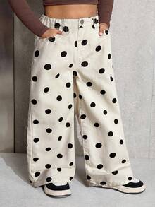Young Girl' Y2K Black Polka Dot & White Denim Loose Fit Pants,Fall Clothes,Winter Clothing ,Casual And Fashionable Vacation Outfits,Streetwear,2000s Style  ,Christmas Clothing ,Polka Dot Pants,Young Girl Pants