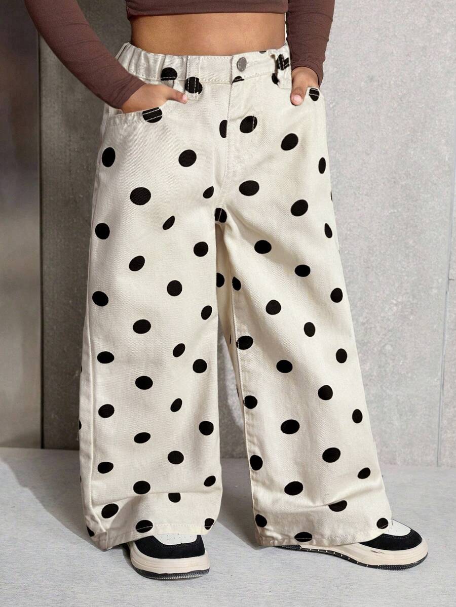 Young Girl' Y2K Black Polka Dot & White Denim Loose Fit Pants,Fall Clothes,Winter Clothing ,Casual And Fashionable Vacation Outfits,Streetwear,2000s Style  ,Christmas Clothing ,Polka Dot Pants,Young Girl Pants