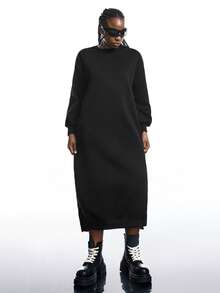 SHEIN EZwear 大码宽松休闲长款羊毛卫衣连衣裙，秋冬 - 黑色 - 查看 1