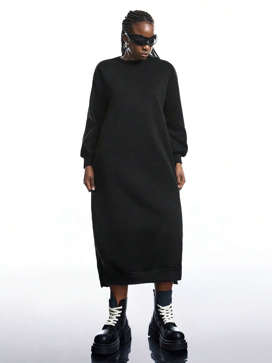 SHEIN EZwear 大码宽松休闲长款羊毛卫衣连衣裙，秋冬 - 黑色 - 查看 1