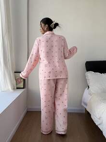 Dream Adore 加大码粉色豹纹爱心印花衬衫式开衫睡衣套装 - 粉色 - 查看 2