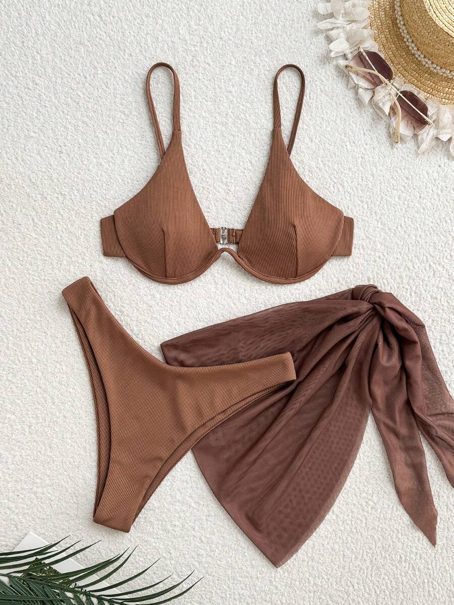 Swim Basics Set de 3 piezas: Top de bikini con aros y falda anudada de unicolor - Marrón - Ver 1