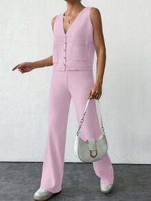 EURMUSE 2pcs Knitted Solid V-Neck Button Front Vest And Pants Sweater Set - Pink - View 6