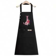 1PC Alphabet Series Black Base With Colorful Letters And Holographic Flower Pattern Cute Heart Print Apron, Perfect For Parties And Weddings, Made Of Peach Skin Fabric, Suitable For Kitchen, And Home Use – Unique Initial Letter Meaning Style. - Multicolor - View 16