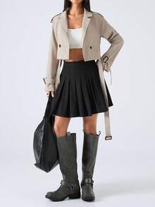 LYSMO Double Button Buckle Cuff Crop Trench Coat In Fall/Winter - Apricot - View 5