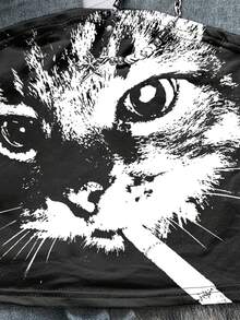 Glimmora 女士时尚百搭猫咪印花吊带背心 - 黑色 - 查看 3