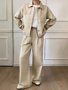 DAZY Completo casual da donna composto da top a manica lunga con colletto e bottoni singoli e pantaloni a gamba ampia plissettati, adatto per l'ufficio e il tempo libero - Cachi - Visualizzare 7