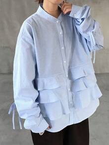 FRIFUL 女士休闲条纹荷叶边下摆衬衫，秋季长袖 - 藍色 - 查看 9