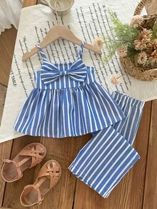 Babygirl Cute Casual Vacation Striped Bow Camisole & Elastic Waist Pants Set - Blue - View 7