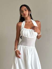 Aloruh Robe de plage, de vacances ou de rendez-vous élégante pour femmes, en tissu texturé blanc, avec un col ras-du-cou froncé et une taille attachée - Blanc - Voir 6