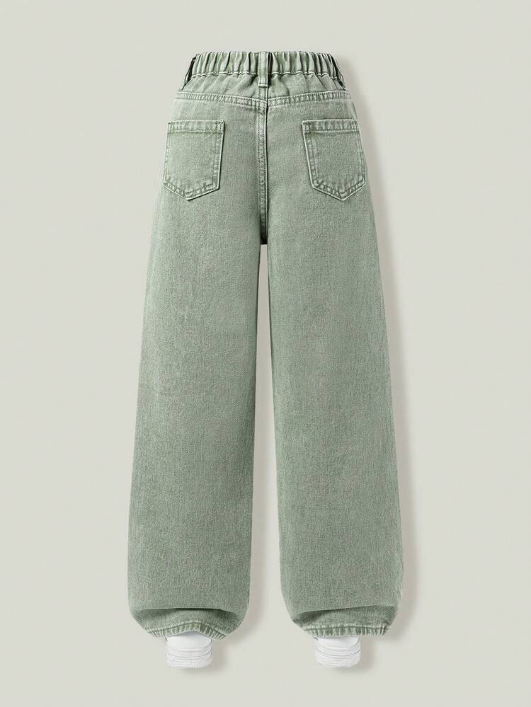 ChillGRL Tween Girl Denim Wide-Leg Pants, Vintage Distressed Aesthetic, Cute & Sweet Casual College Style Vacation Recommendation. Classic Washed Denim White Handmade Floral Crochet Detailing, Sweet & Playful. Elastic Waistband + Button Front Closure For Easy Wear. - Army Green - View 2