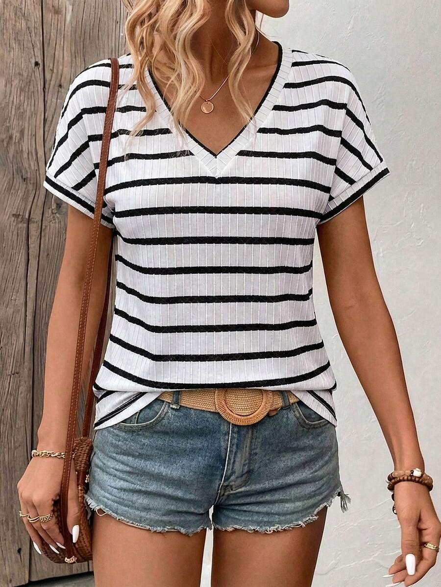 SHEIN LUNE Women's Summer Casual Striped Short Sleeve T-Shirt - Multicolor - View 1