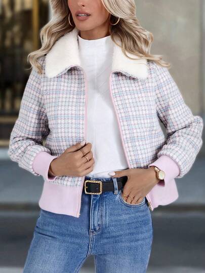 Chaqueta Corta de Mujer con Estampado de Pata de Gallo - Cuello de Pelo y Cierre Zipper