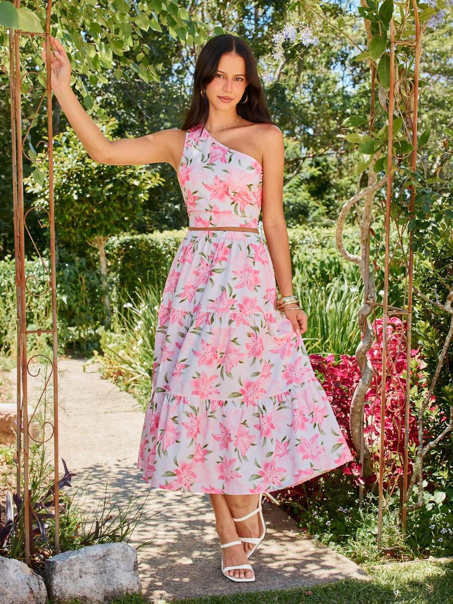 KARISMINA Women's Chiffon Printed Sleeveless Crop Top & Loose Skirt 2-Piece Set, Spring/Summer - Pink - View 1