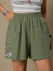 Freevana Quần short ống rộng thêu hoa dáng rộng, cỡ lớn, thích hợp mặc mùa hè. - Màu xanh Bạc hà - Xem 6
