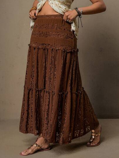 Freevana Plus Size Casual Solid Color Lace Skirt Romantic Western Style Lace Midi Skirt Bohemian With Built-In Leggings Vacation Country Style