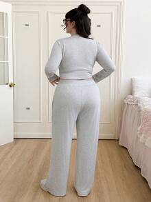 SHEIN EZwear 纯色圆领长袖紧身T恤和运动裤套装，秋冬款 - 淺灰色 - 查看 2