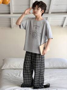 DAZY Tween Boy Sun Print Short Sleeve Top And Plaid Pants Pajama Set Spring - Grey - View 2