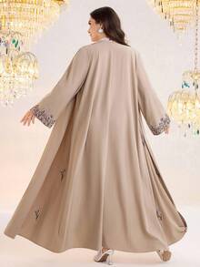 Al Najma Áo choàng Abaya dài tay thêu hoa dành cho nữ cỡ lớn, kiểu dáng thường ngày. - Màu Khaki - Xem 4