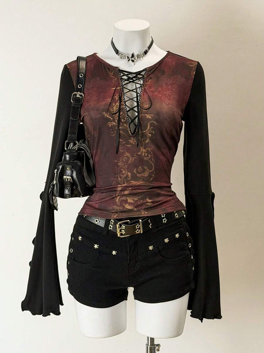 Jeanoix Women's Retro Dark Sexy Lace-Up Design Knit Printed T-Shirt - Multicolor - View 1